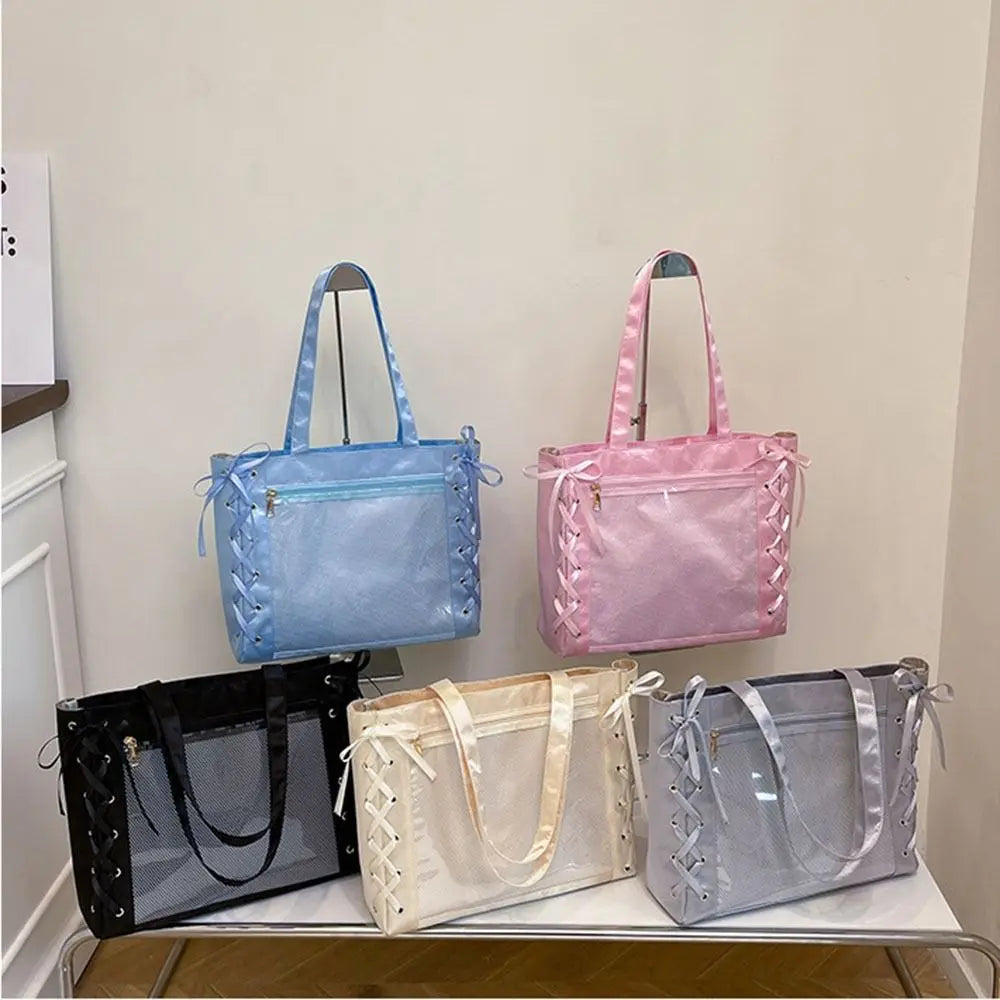 Large Capacity Sweet Ita Tote Bag Clear Front Pocket Bow Ribbon Japanese JK Ribbon Bag Multi-Purpose DIY Women Ribbon Handbag