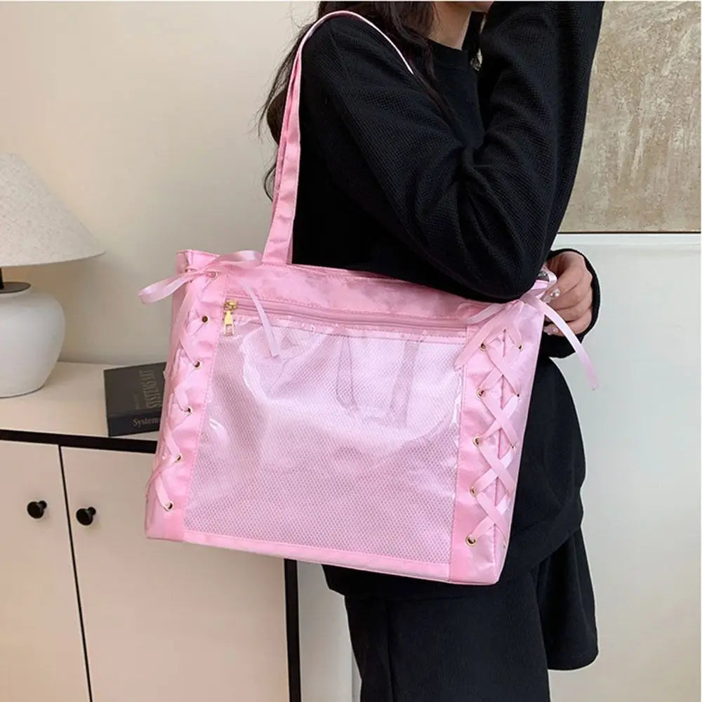 Large Capacity Sweet Ita Tote Bag Clear Front Pocket Bow Ribbon Japanese JK Ribbon Bag Multi-Purpose DIY Women Ribbon Handbag