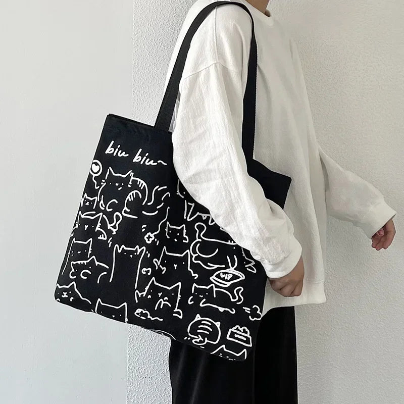 Canvas Women’s Handbag – Cute Cat Zipper Design, Small Japanese Style Shoulder Bag, Cartoon Shopping Tote