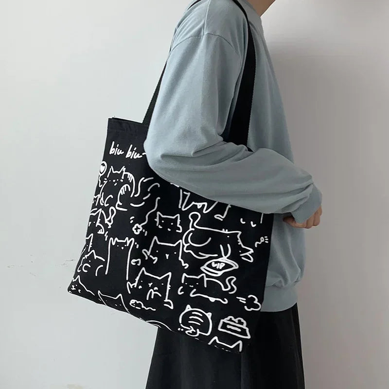 Canvas Women’s Handbag – Cute Cat Zipper Design, Small Japanese Style Shoulder Bag, Cartoon Shopping Tote